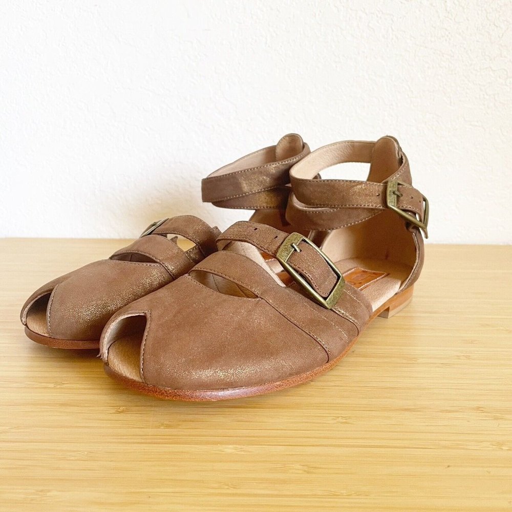 Jim Barnier Womens Size 9 Leather Sandals Peep Toe Ankle Wrap Brown Gold Shimmer - Picture 3 of 13